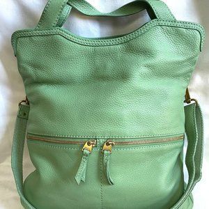 Fossil ERIN Bright Light Green Pebbled Leather Fold Over Shoulder Bag